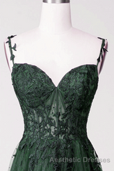 Dark Green Tulle With Lace Beaded Straps Evening Prom Dresses, Green Long Formal Dresses Party Dresses